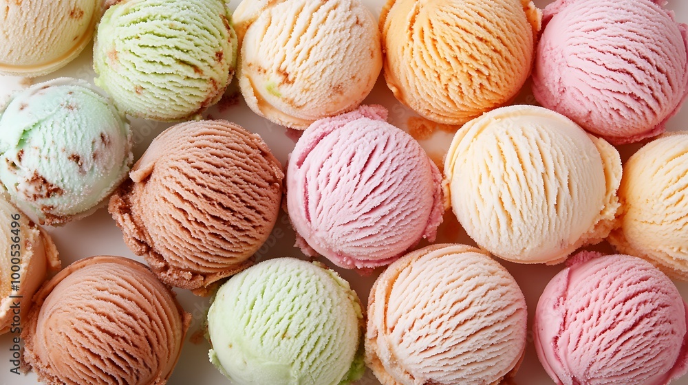 Poster a close-up shot of multiple scoops of colorful ice cream in different flavors.