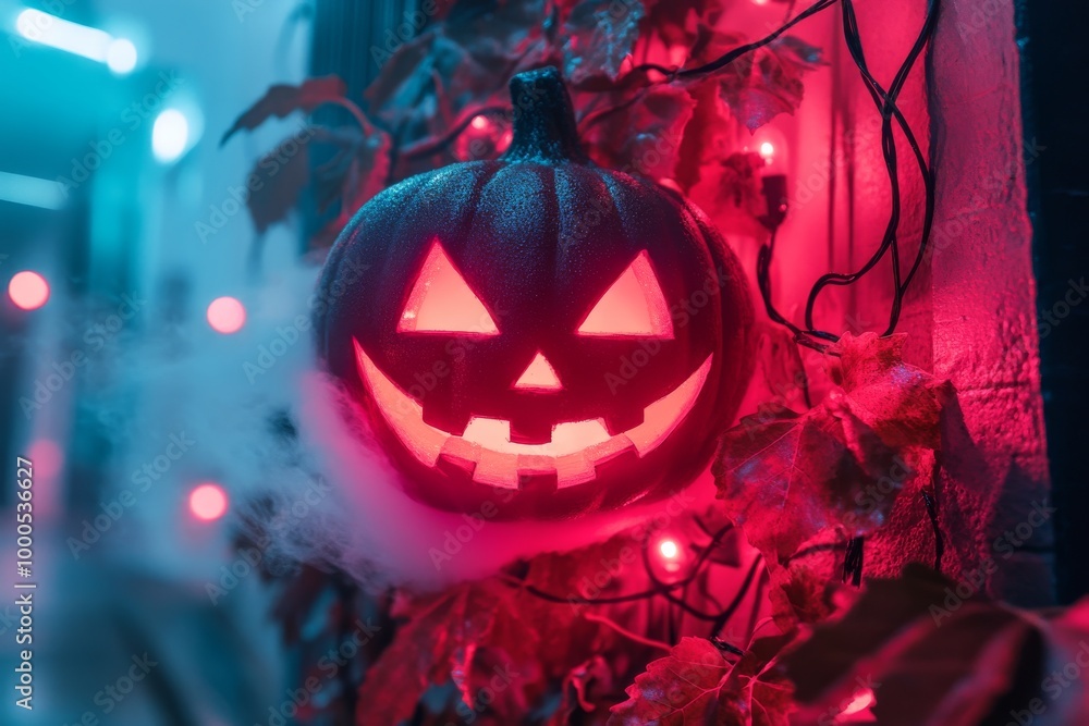 Sticker Creepy glowing jack o lantern lit by neon red and blue lights in an urban environment evoking a modern cyberpunk Halloween with sharp contrasts and vibrant colors