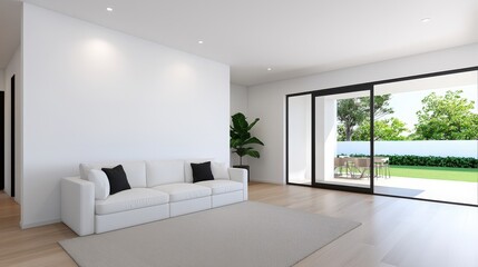 Fototapeta premium Modern Minimalist Living Room Interior with White Sofa and Patio View