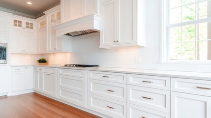 Fototapeta premium Modern White Kitchen Design with Stainless Steel Appliances and Hardwood Floors