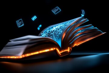 A futuristic reader flipping through a holographic book, with glowing pages and digital annotations floating in the air around them