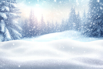 Fototapeta premium Abstract snowy winter landscape with falling snowflakes and a blurred forest in the distance, creating a serene and peaceful atmosphere, ideal for decoration or wallpaper.
