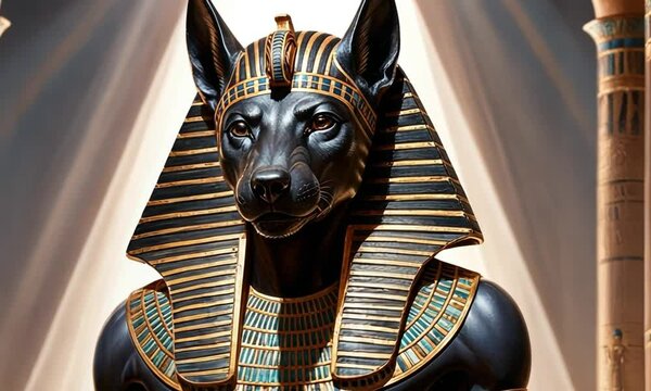 Egyptian god of mummification and the afterlife, depicts him with a jackal head and human body, exuding mystery and power.