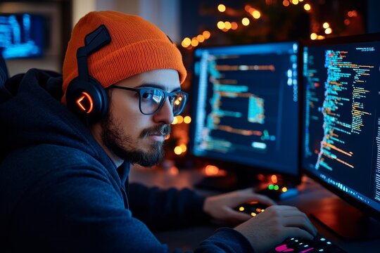 A hacker accessing the dark web from a remote location, with advanced encryption tools running in the background