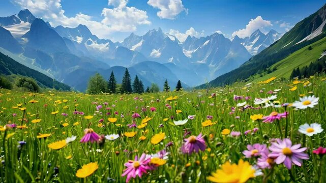 Meadow with flowers in mountains in front alps mountains