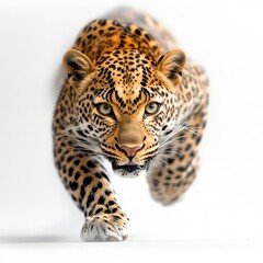Fototapeta premium A fierce leopard prowling forward, displaying its powerful physique and striking coat of spots against a clean background.
