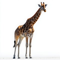 Obraz premium A majestic giraffe stands tall against a clean, white background, showcasing its unique spots and long neck, perfect for wildlife themes.