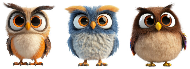 Fototapeta premium Colorful Cartoon Owls, isolated on transparent background.