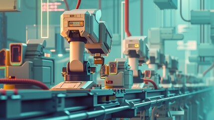 Fototapeta premium A futuristic assembly line with rows of robotic arms working in sync in an automated factory. The clean, high-tech setting and precision of the robots highlight the efficiency of modern manufacturing.