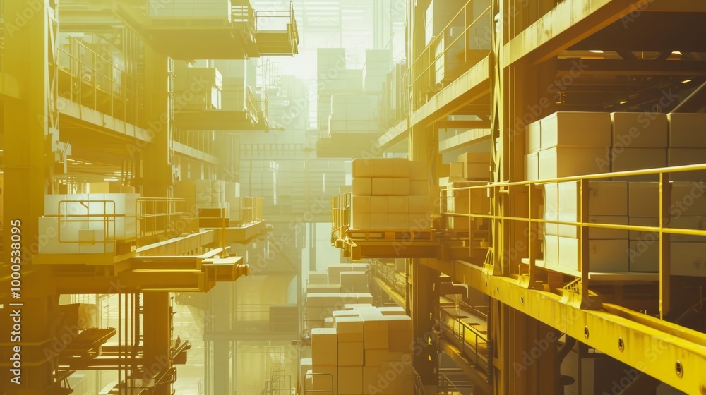 Poster sunlight streams through the windows of an automated warehouse, illuminating the stacked packages an