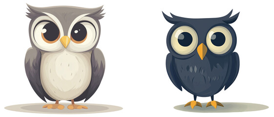 Fototapeta premium Cute Cartoon Owls with Big Eyes and Playful Expression, isolated on transparent background.