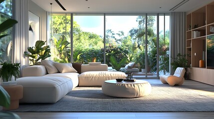 Modern living room with large windows and greenery outside.