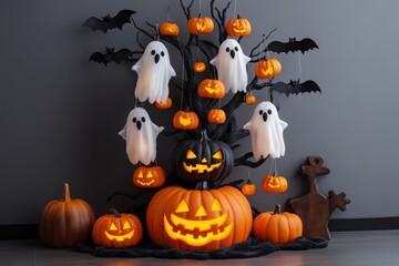 A spooky Halloween tree, with hanging ghost decorations, fake bats, and glowing pumpkins placed at its base, surrounded by fog