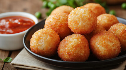 Savory Italian Rice Balls (Arancini): Cheesy and Pea-Filled, Golden-Brown Balls Served with Marinara Sauce