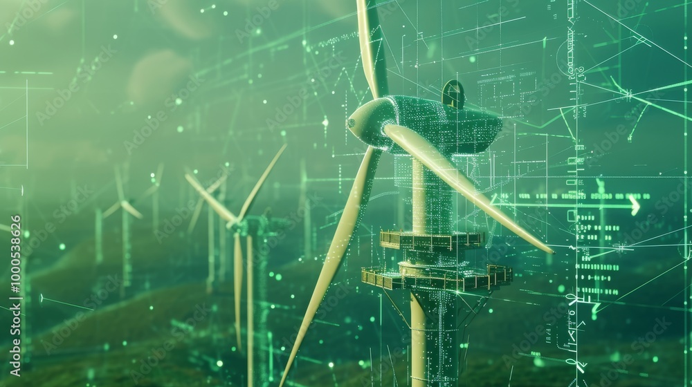 Poster a futuristic wind turbine in a green landscape with an ai-powered digital interface, representing th