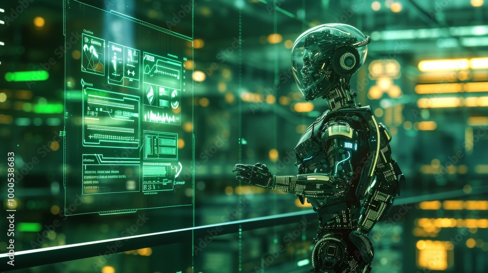 Poster a robotic assistant stands in a modern tech facility, operating a futuristic touchscreen interface w