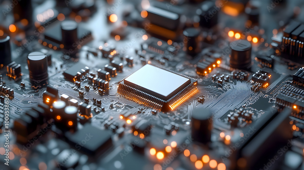 Poster close-up view of circuit board with glowing components