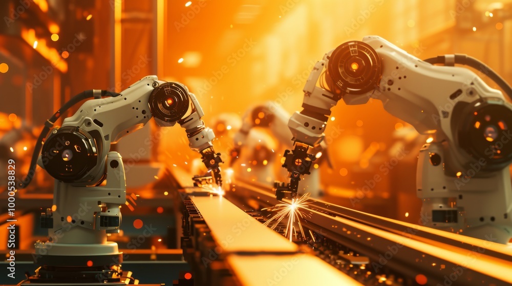 Poster several robotic arms work simultaneously on a factory assembly line, welding metal parts with precis