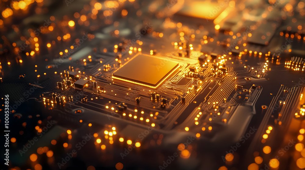 Poster glowing circuit board close-up in abstract style