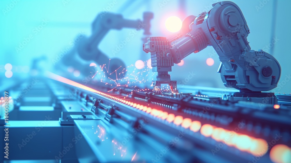 Poster a robotic arm performs precise welding on a modern, high-tech production line. sparks fly as the rob