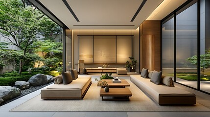 Fototapeta premium Modern living space with serene garden view.