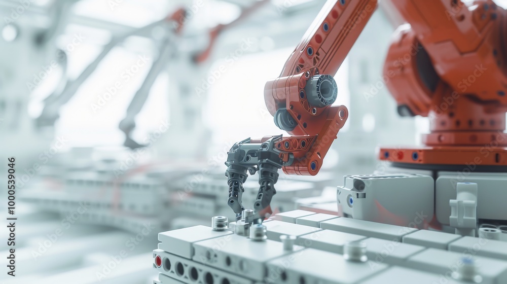 Poster close-up of a robotic arm assembling small parts in a high-tech, automated factory. the clean, moder