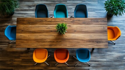 A Wooden Table Surrounded by Colorful Chairs in a Modern Office