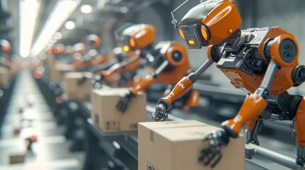 Fototapeta premium A row of bright orange industrial robots works on an assembly line, packing boxes on a conveyor belt in a high-tech warehouse. The image emphasizes automation, industrial efficiency, and modern