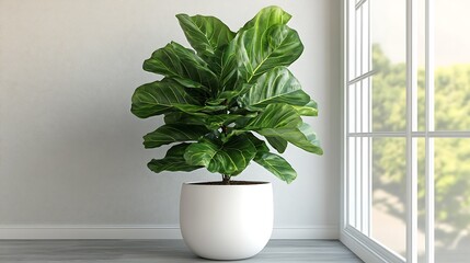 Indoor plant in a modern pot by a bright window.