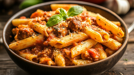 Delicious Italian Sausage Pasta with Bell Peppers and Marinara Sauce, Perfectly Served in a Rustic Bowl