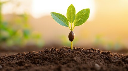 A young plant sprouts from rich soil, reaching towards sunlight in a serene environment, symbolizing growth and renewal.