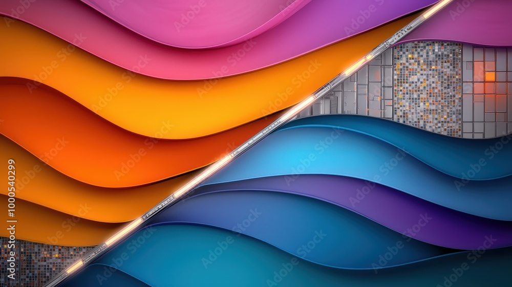 Poster abstract futuristic design with colorful wavy lines and metallic textures