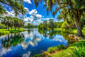 Obraz premium Tranquil Secret Lake Park in Casselberry Florida Surrounded by Lush Greenery and Serene Waters