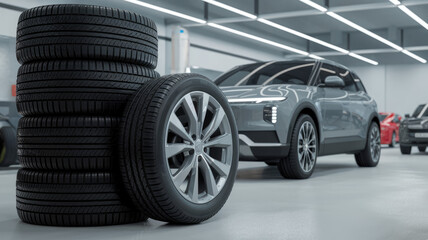 A car is parked in front of a stack of tires. The tires are black and are stacked on top of each other