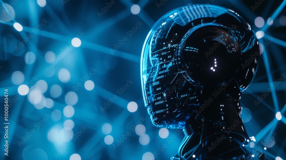 Poster a detailed view of a robotic head with illuminated circuit-like patterns, contrasted against an abst