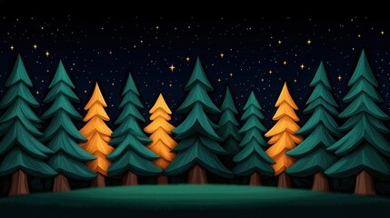 Magical Night in a Fairy Tale Forest with Glowing Pine Trees and Stars
