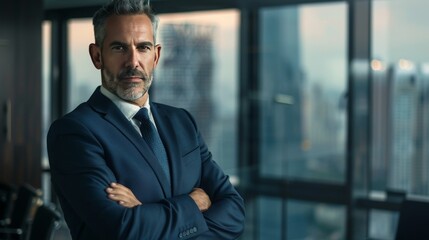 Fototapeta premium Mature male executive in a high-rise office, dressed in a navy suit