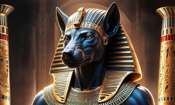 Egyptian god of mummification and the afterlife, depicts him with a jackal head and human body, exuding mystery and power.