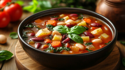 Savory Vegetable Minestrone Soup with Seasonal Ingredients and Beans, Finished with Fresh Basil for Flavor