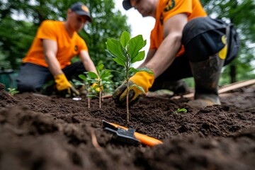 Fototapeta premium Forestry workers planting trees, restoring a forest ecosystem with young saplings and tools scattered in the soil