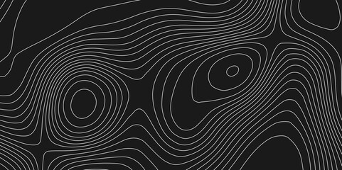 Topographic map white lines black background abstract vector illustration map mockup infographics wavy style, geographic mountain relief abstract monochrome image lines contour maps background.