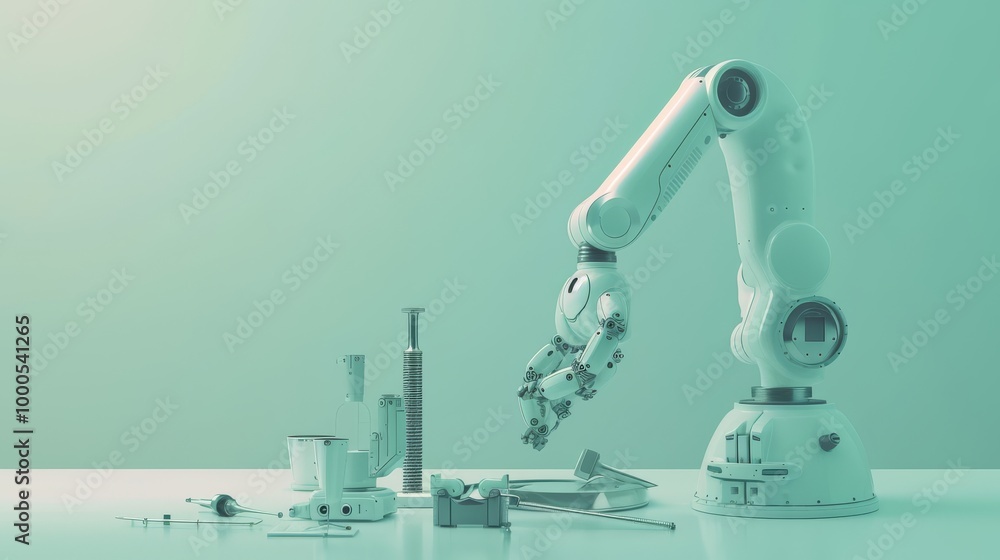 Aufkleber a high-tech robotic arm intricately designed, surrounded by a soft green gradient. the minimalistic 