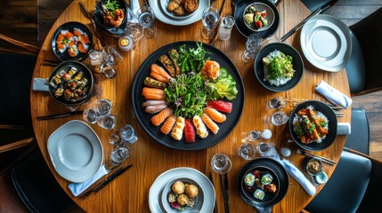 A beautifully set round dining table with an opulent global feast, featuring sushi, pasta, curry, and tapas, vibrant cultural mix of dishes, lavish presentation