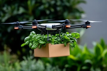 Futuristic organic food delivery, with drones delivering fresh produce from eco-farms to urban dwellers, ensuring sustainable and healthy food options