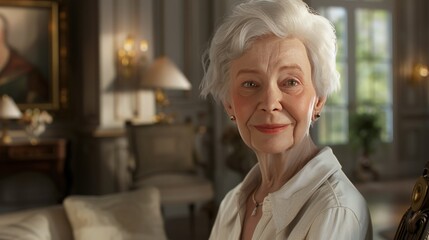 A highly realistic image of an older woman with white hair, a warm smile