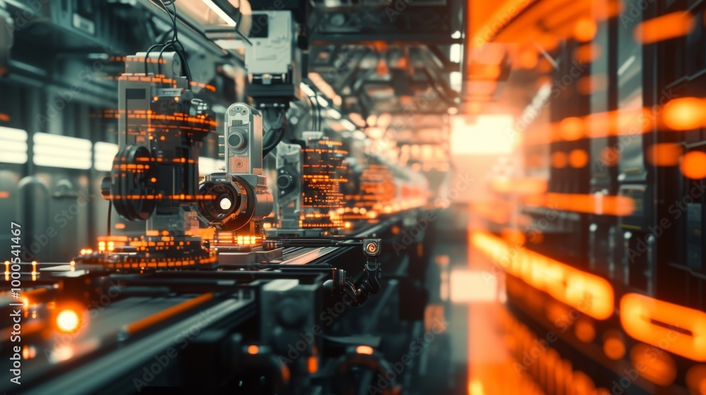 Poster a high-tech assembly line is depicted with glowing digital overlays, highlighting automated producti