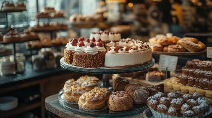 Fototapeta premium A chic bakery with a round display featuring layers of cakes, pastries, and loaves of bread, beautifully arranged on glass shelves, warm ambient light