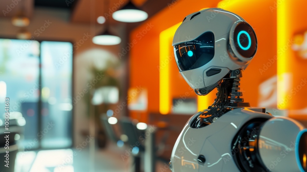 Poster a futuristic humanoid robot with a sleek design is shown in a modern office illuminated by soft oran