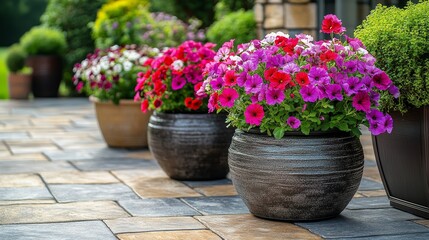 A circular arrangement of planters filled with blooming flowers on a cozy patio, vibrant petals contrasting with stone tiles, peaceful outdoor space