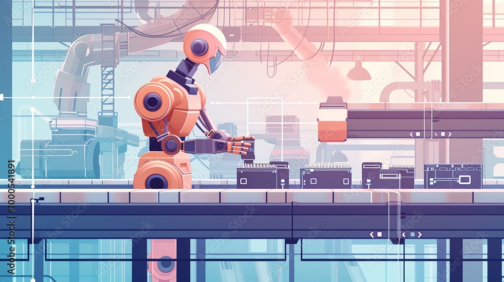 Poster a humanoid robot works on a conveyor belt in a high-tech, automated factory. the environment feature